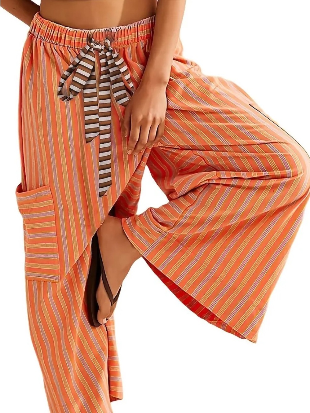 Orange Striped Wide-Leg Women’s Pants with Drawstring